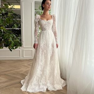 Graceful Full Lace Wedding Dresses Square Neck Bride Gowns Long Sleeve With Ribbon Robe De Mariee 326