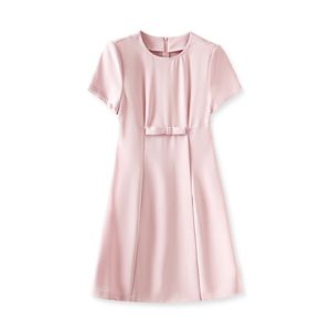 2023 Summer Pink Solid Color Bow Dress Kort ärm Runda hals Korta avslappnade klänningar W3L040209