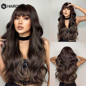 Perucas de renda HAIRCUBE marrom destaque perucas sintéticas longas água onduladas perucas para mulheres com franja diário cosplay resistentes ao calor perucas de cabelo natural Z0613