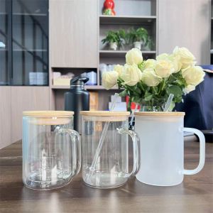 16oz Sublimation Glass Mugs Heat Transfer Blank Travel Outdoor Tumblers with Handle Bamboo Lid and Straw 0614