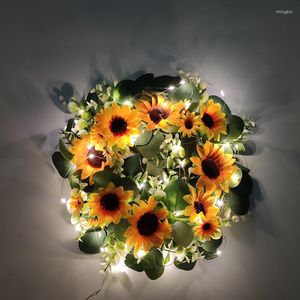 Dekorative Blumen zum Verkauf, künstliche Sommer-Herbst-Girlande, handgefertigt, Eukalyptusblatt, Geldgras, Sonnenblume, kleiner Kranz mit LED-Streifen