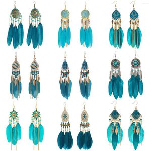 Dangle Earrings Peacock Blue Long Feather For Women Ethnic Fashion Beads Beach Chain Femme Party Vacation Boho Jewlery