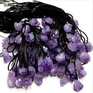 Mini Natural Raw Amethyst Quartz Crystal Pendant Black Rope Chain Necklace Energy Stone Healing Meditation Yoga Gift Wholesale