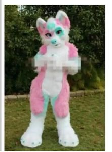 2023 Beruf machte rosa langes Fell pelzigen Fuchs Wolf Husky Hund Maskottchen Kostüm Fursuit Erwachsene Cartoon Weihnachtsfeier