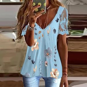 Blusas femininas elegantes soltas pendulares 2023 verão retrô estampa floral blusa decote em v profundo casual renda patchwork manga curta camisa feminina