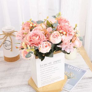 Flores secas retro seda rosa artificial para decoração de casa alta qualidade decoração do casamento falso peônia arranjo flor