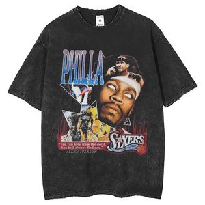 Allen Iverson Portrait Print Trendy T-shirt 250G Water Wash sliten T-shirt överdimensionerad t-shirt