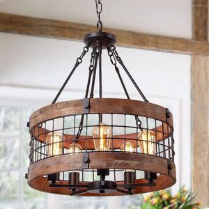 Chandeliers Ganeed Farmhouse Round Wood For Dining Rooms 5-Light Drum Kitchen Island Lighting Fixture
