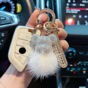 Key Rings Luxury Handmade Craft Bear Keychain Mink Hair Anti-lost Number Plate s Key Chain Lady Charm Bag Car Key Chain Gift 230614