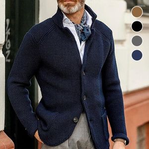 Мужские свитера, мужское вязаное пальто с воротником-стойкой, свитер с длинным рукавом, кардиган, куртка, сплошной цвет, толстый теплый повседневный вязаный свитер