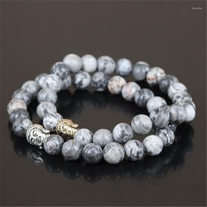 Strand 2pcs High Quality Natural Map Stone Round Beads Charm Bracelet For Women Mercy Buddha Head Men Stretch
