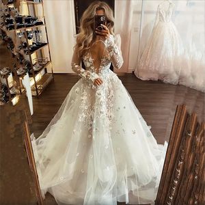 2023 Vestidos de noiva boho mangas compridas Apliques de renda floral 3D Mergulhando em pescoço A Linha Vestido de noiva de praia Plus Size Vestido de Novia
