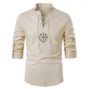 Men's Casual Shirts Cotton Linen Mens Long-Sleeved Summer Solid Color Stand-Up Collar Beach Style Yoga