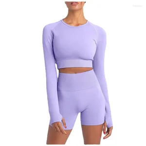 Active Pants Seamless Knit Casual Yoga Suit Thumb Hole Long Sleeve Tight Middle Ladies Fitness