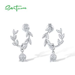 Polsino dell'orecchio SANTUZZA Orecchini a bottone in argento sterling 925 genuino per le donne Sparkling White CZ Flower Dangling Pierce Delicate Fine Jewelry 230614