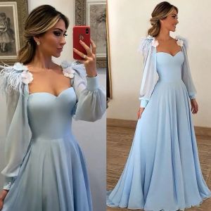 Sky Blue Poet Sleeves Evening A Line Square Neckline Flower Chiffon Long Prom Gowns Women Mother of Bride Party Dress