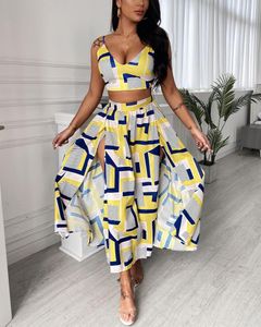 Work Dresses 2023 Summer Two Pieces Holiday Women Geo Pattern Colorblock Sexy Crop Top & High Slit Maxi Skirt Set 2PCS Boho Style