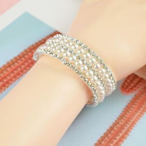 Bangle Full Rhinestone Pearl Wrap Open Bracelet Bridal Crystal Multilayer Sparkling Romantic Ladies Jewelry