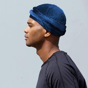 Berets 2023 Velvet Halo Turban For Men Satin Lined Turbans Soft Twist Head Wrap Silky Durags Street Hip Hop Male Bonnet Hat