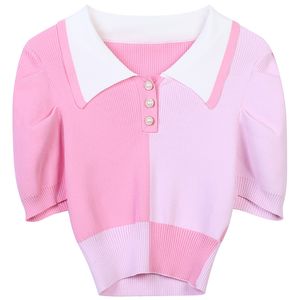 611 2023 Runway Summer Brand SAme Style Sweater Short Sleeve Pullover Lapel Neck Pink Blue Fashion Clothes High Quality Womens mingmei