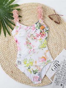 Women's Swimwear S - XL Flower Printed With Knotted Skirt Ruffled Women One Piece Swimsuit Female Bather Bathing Suit Swim Lady K4107