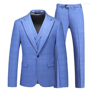 Men's Suits 2023 Men's Suit Blue Plaid Set Business Slim Fit Groom Wedding Dress Three Piece Top Pants Tank