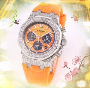 Ice Out Hip Hop Women's Leisure Diamonds Ring Watches 37mm gummibälte kvartsrörelse Klocka Rose Guldkalender Armband Stoppur armbandsur reloj Hombre -gåvor