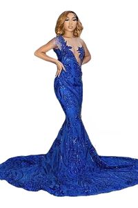 Royal Blue Glitter Sequined Lace Evening Dresses Arabic Aso Ebi Sexy See Through Top Formal Prom Party Gowns Slim and Flare Long Mermaid Special Occasion Dress