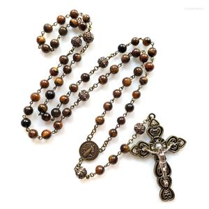 Pendant Necklaces Catholic Beads Rosary Brown Stone Necklace With Holy Jesus Crucifix For Cross Catholics Prayer Gifts