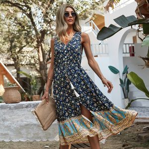 Happie Queens Women Ploral Print Print Midi Dress Fashion Deep V-neac Botton Dreartring Beach Boho Dresses