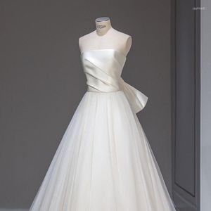 Wedding Dress Fashion Simple No Tail Classic BallGown White A-line Lace Up Strapless Sleeveless Vestido De Noiva Custom Made