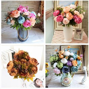 Dekorativa blommor 13 huvuden Silk Peony Flower Real Touch European Bride Bouquet Artificial Fake Leaf Wedding Home Party Decoration