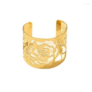 Bangle Gold Color Hollow Flower Open Bangles Cuff Bracelets For Women Female Charm Armlet Goddess Arm Party Jewelry Gift