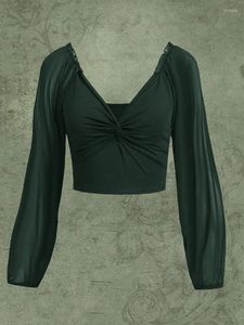 Koszulki damskie kobiety skręcają z przodu raglan rękaw z crop top falbany siatkowe długie seksowne tee streetwear bluzka elegancka