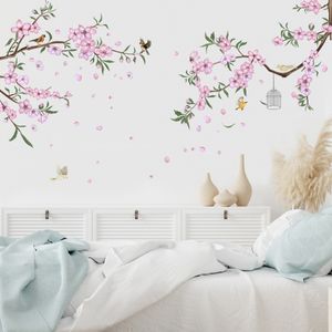 Flor rosa Ramo de árvore Pássaro Adesivo de parede Sala de estar Quarto Decoração de casa Papel de parede em pvc Quarto de menina Decoração de berçário Arte Decalque Mural