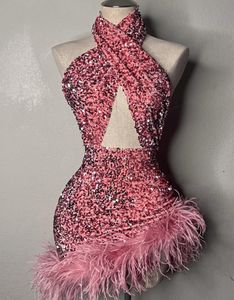 Sexy Hot Pink Short Women's Prom Party Dress 2023 with Ostrich Feather Halter Sequined Cocktail Homecoming Gowns Vestido De Fiesta