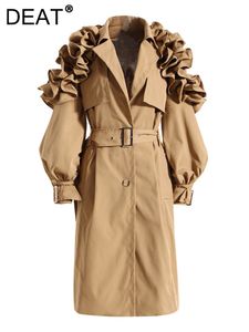 Women's Trench Coats DEAT Fashion Coat Lapel Single Breasted Shoulder Ruffle Long Sleeve Belt Windbreaker Autumn 2023 17A29 230615