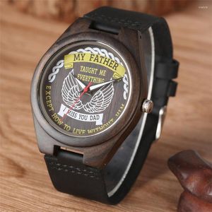 Wristwatches Wood Mens Watch Quartz Movement My Father Theme Cool Black Wooden Watches Genuine Leather Watchband Top Gifts Item Father's