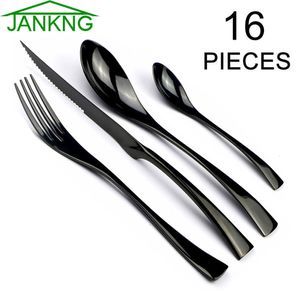 Dinnerware Sets JANKNG 16Pcs Stainless Steel Dinnerware Set Black Cutlery Set Silverware Kitchen Tableware Fork Steak Knife TeaSpoon Dinner Set 230614