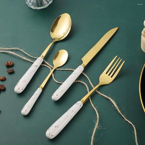 Zestawy zastaw obiadowych Ceramiczne Uchwyt Białe Gold Setle ze stali nierdzewnej 24pcs Knoves Forks łyżki do kawy