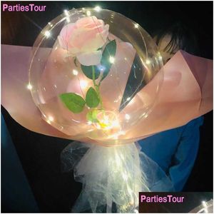 Party Decoration LED Lysande ballong Rose Bouquet Transparent Bobo Ballon Valentines Day Gift Glow Birthday Decor Y0622 Dro Dhmy0