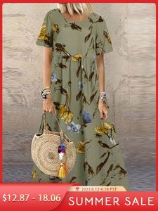 Grundläggande avslappnade klänningar Zanzea mode sommar maxi klänning kvinnors tryckta sundress casual kort ärm vestidos kvinnlig hög midja mantel femme 230614