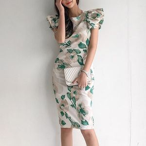 Casual Dresses Korean Summer Elegant Women Dress Mujer formell vintage blommig o-hals Slim Midi Pencil Beach Femme Boho Street kläder