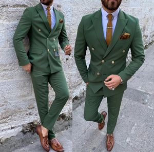 New Fashion Dark Green Mens Suits For Wedding Groomsmen Two-pieces Double Breasted Formal Men Business Suits Prom Occasion Groom Tuxedos Blazers Jacket Pants