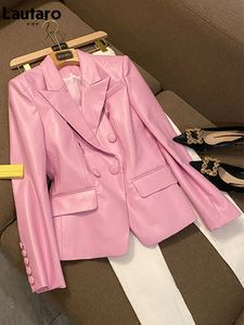 Giacche da donna Lautaro Spring Stylish Short Pink Soft Pu Leather Blazer Manica lunga Slim Fit Luxury per donna Elegante Fashion 5xl 230615