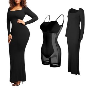 Basic Casual Dresses Women's Body Shaping Dress Set With Breast Pad Built In Body Shaping Underwear 8 In 1 Women's Cocktail Two Piece Solid Dress 230615