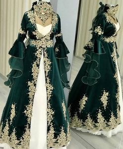 Hunter Green Kaftan Turkish Evening Dresses Flare Long Sleeves Velvet Formal Party prom Gowns Arabic Dubai Gelinlik