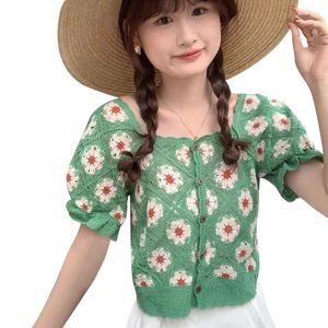 女性用ブラウスレディースホローニットTシャツTシャツTEESHOLL-SHORT SLEES SLEES CROCHET CROP TOPS 57BD