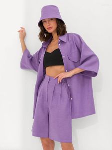 Kvinnors spårningsdräkter 2023 Spring Women Summer Holiday Linen Shorts Set Short Sleeve Solid Purple 2 Two Piece Matching Set Female