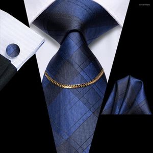 Bow Ties Classic Plaid Navy Blue Luxury Silk Mens Tie Fashion Slips Kedja Hanky ​​Cufflink Set Gift For Men Wedding Hi-Tie Designer